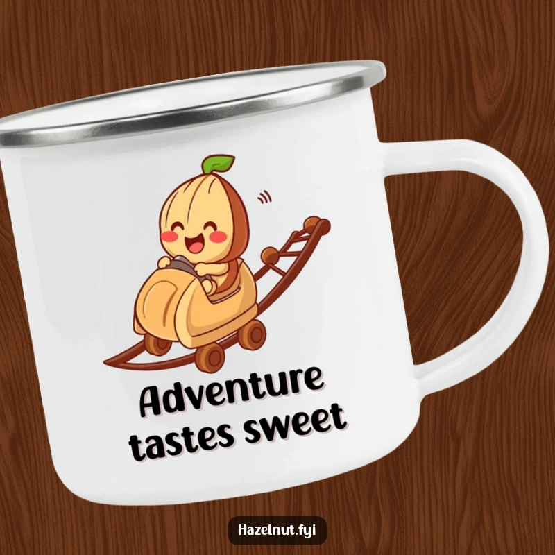 Funny hazelnut character on a chocolate bit roller coaster, on a camping mug, perfect for humorous outdoor enjoyment and gifts.