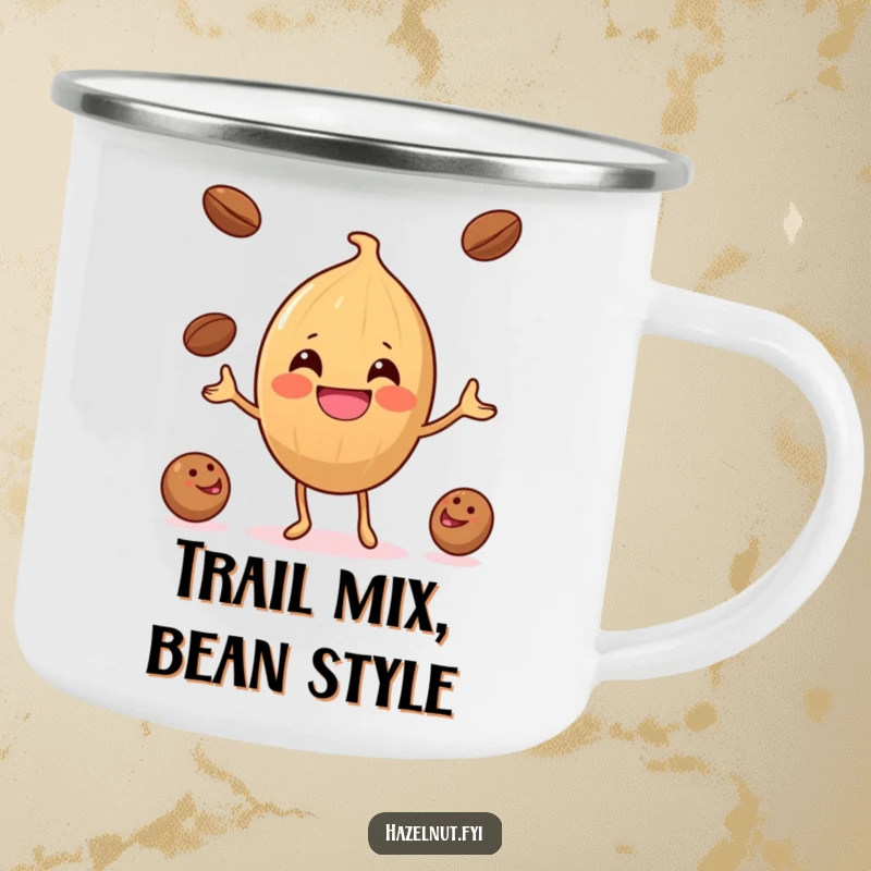 Funny Hazelnut Coffee Bean Juggler Camping Mug: A happy hazelnut juggles coffee beans on an enamel mug for outdoor enjoyment.