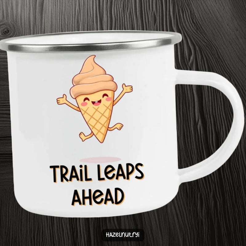 Funny Hazelnut ice cream cone camping mug with tiny legs joyfully leaping, for hilarious outdoor sips.