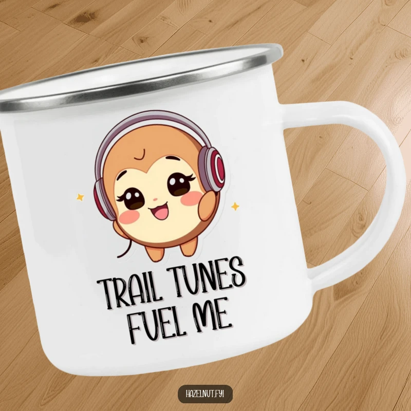 Funny Camping Mug: A smiling hazelnut character wearing headphones bobs its head to music, perfect for enjoying warm drinks with groovy cheer.