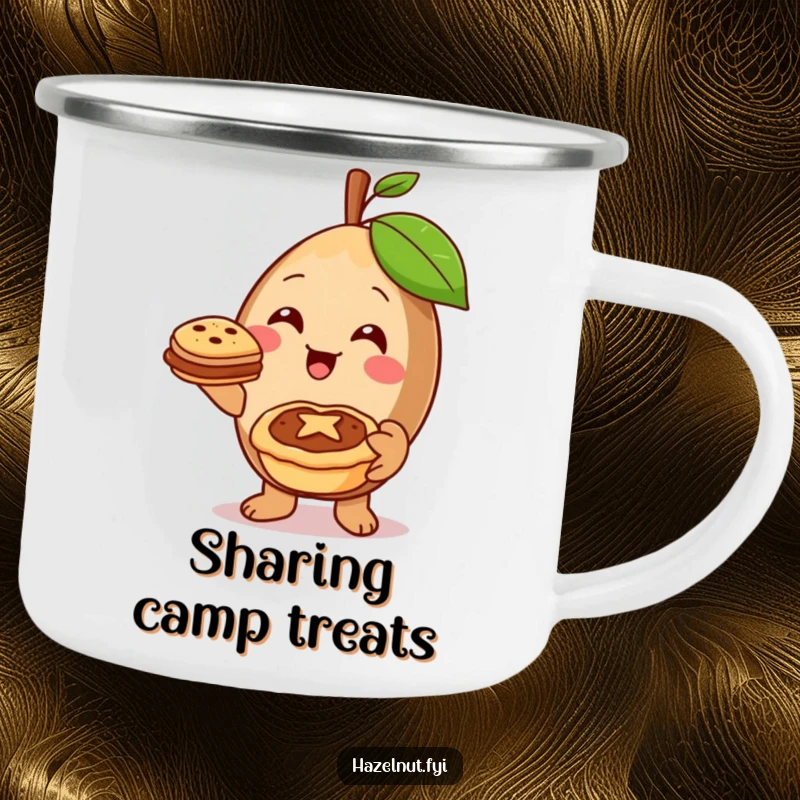 Durable funny camping mug with a cheerful hazelnut offering a miniature pie, for sharing warmth outdoors.