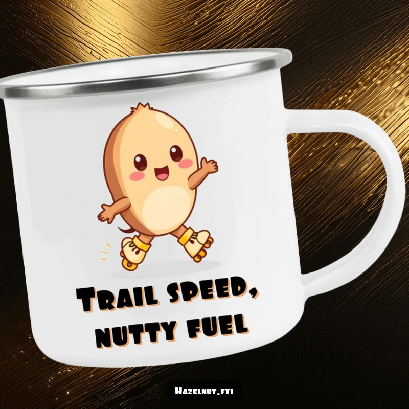 Funny Hazelnut Camping Mug: A cheerful hazelnut on tiny roller skates zips around, ideal for outdoor fun.
