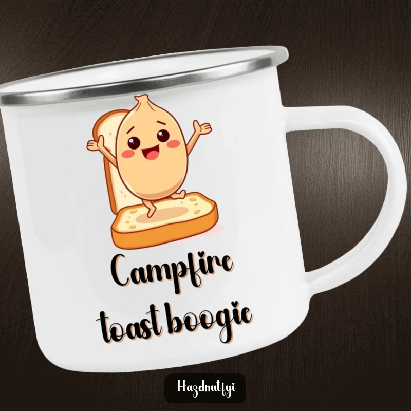 Funny Camping Mug: A happy hazelnut character dances gleefully on a slice of toast, perfect for enjoying warm drinks with nutty cheer.