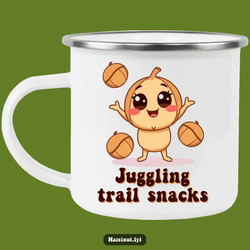 Funny Juggling Hazelnut Camping Mug - Playful Nutty Character Outdoor Gift