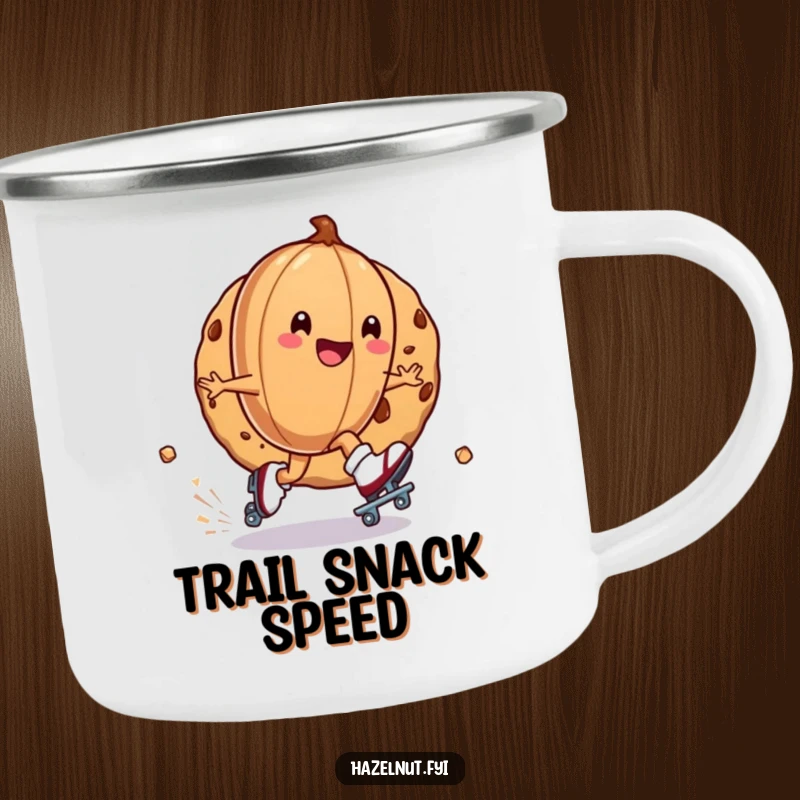 Funny camping mug with a hazelnut on roller skates zipping around a cookie, bringing humor and speed to outdoor adventures, a great gift.