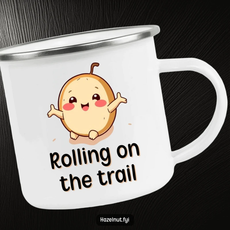 Funny hazelnut camping mug with arms outstretched, rolling downhill joyfully, for hilarious outdoor trips.