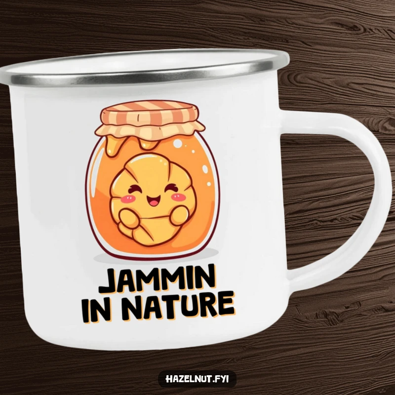 Funny camping mug with a smiling croissant peeking out from a giant jam jar, a delightful companion for outdoor trips.