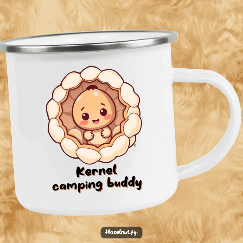 Funny hazelnut character camping mug, peeking from inside a giant popcorn kernel, humorous outdoor drinkware.