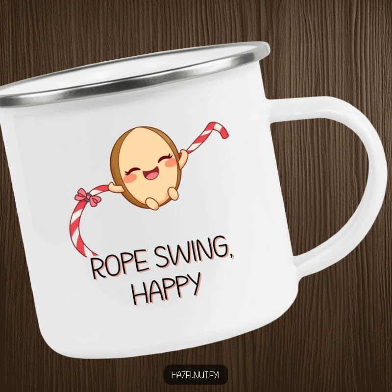 Funny Sliding Hazelnut Camping Mug: A giggling character with a mischievous grin sliding down a licorice rope, ideal for outdoor fun.