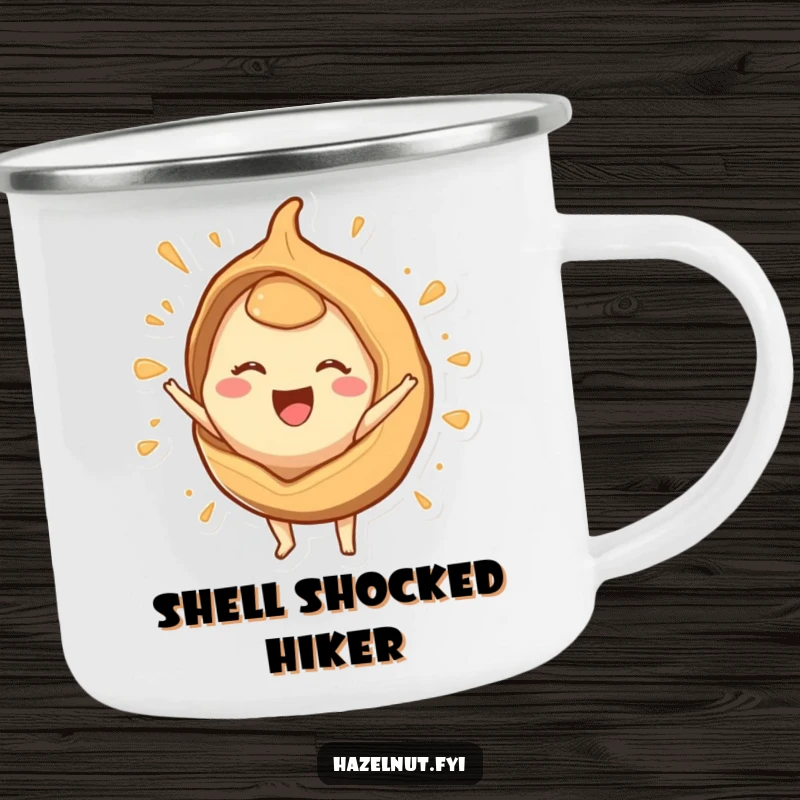Funny camping mug with a joyous hazelnut character bursting from a stylized shell, perfect for outdoor refreshment and humor.