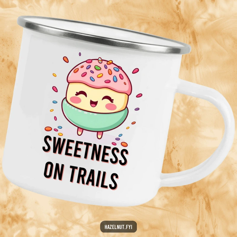 Funny camping mug with a cheerful macaroon giggling while juggling a scattering of colorful candy sprinkles, a delightful companion.