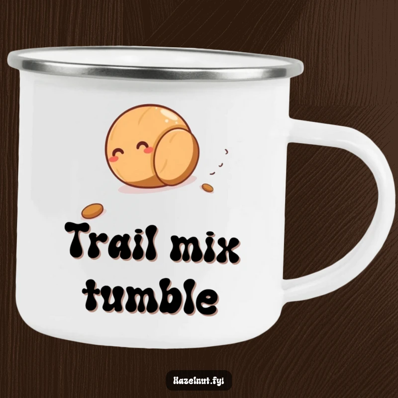 Funny giggling hazelnut rolling downhill on a rugged enamel camping mug, perfect for outdoor adventures and nutty fun.