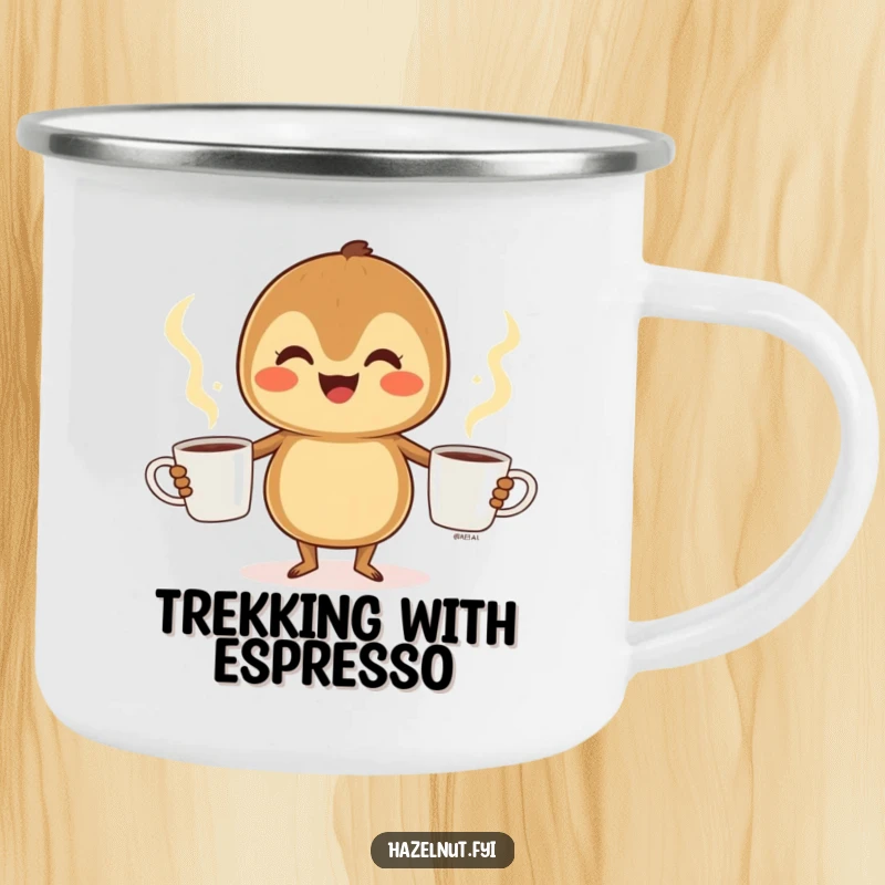 Funny Hazelnut Camping Mug: A cheerful hazelnut juggles three steaming coffee cups, ready for outdoor adventures with humor.