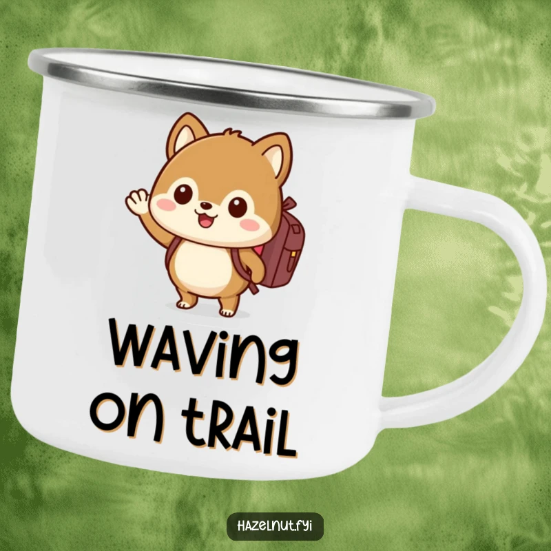 Funny hazelnut camping mug with backpack, waving enthusiastically, for hilarious outdoor adventures.