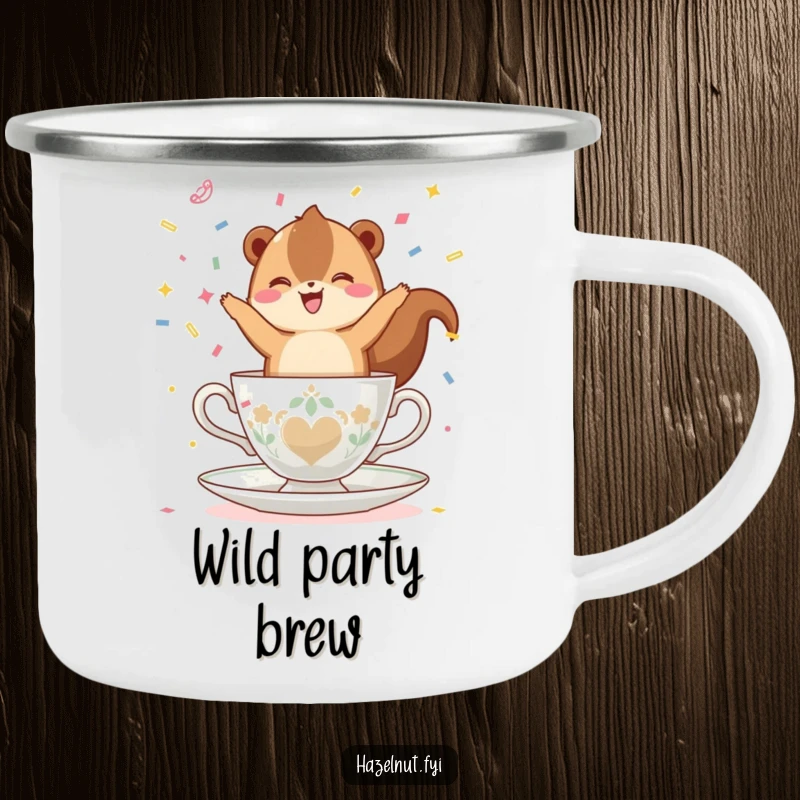 Funny, happy hazelnut balancing on a teacup, throwing confetti, designed for a durable camping mug, perfect for outdoor festivities.