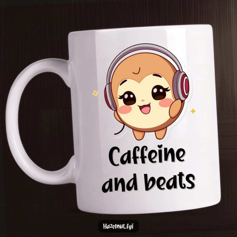 Funny Mug: A smiling hazelnut character wearing headphones bobs its head to music, celebrating the joy of sound and nutty vibes.