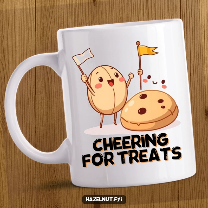 Funny Hazelnut Mug shows two hazelnuts enthusiastically cheering and waving tiny flags at a delicious cookie, celebrating snack time.
