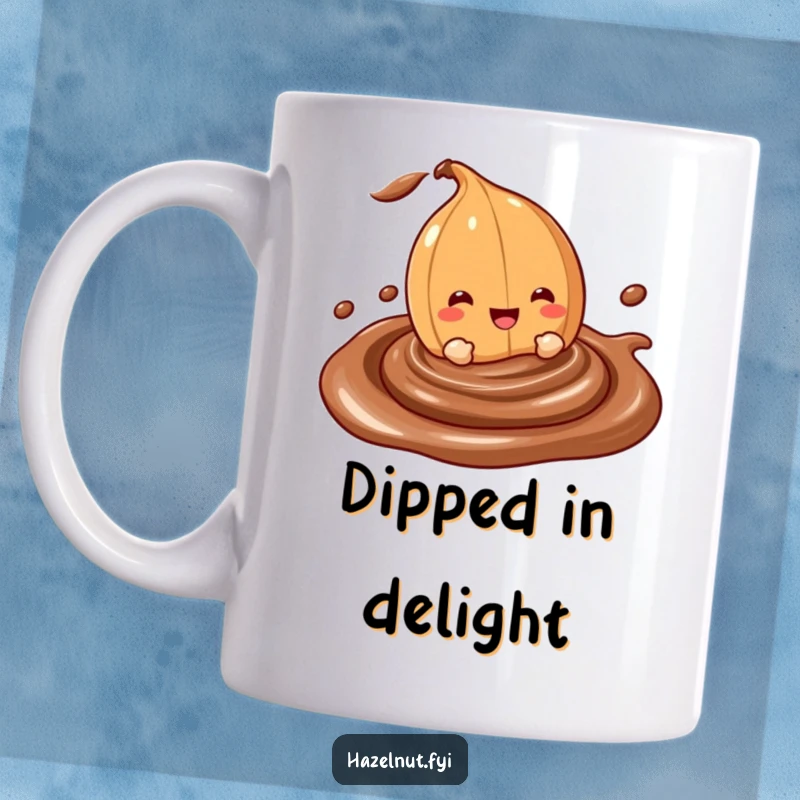 Funny mug featuring a cheerful hazelnut character joyfully submerging itself into a creamy, swirling chocolate dip, symbolizing pure delight.