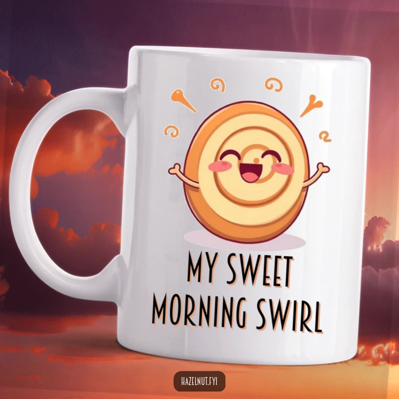 Funny coffee mug featuring an excited cinnamon roll with joyful wiggling swirls, expressing pure baked delight and happiness.