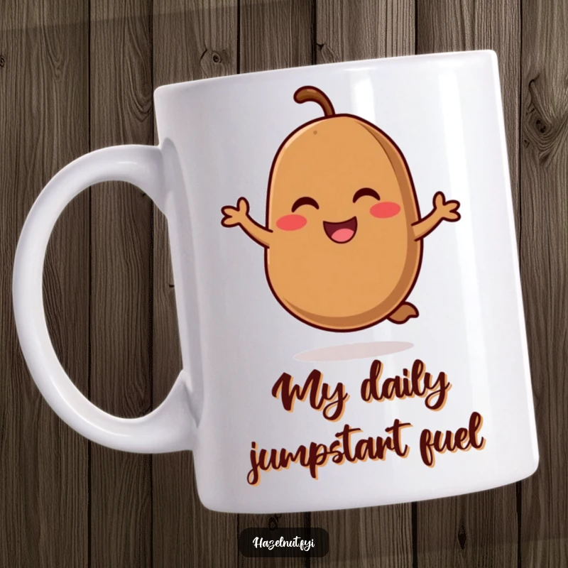 Funny coffee mug featuring a smiling, rosy-cheeked coffee bean doing a happy hop, radiating pure morning joy and energy.