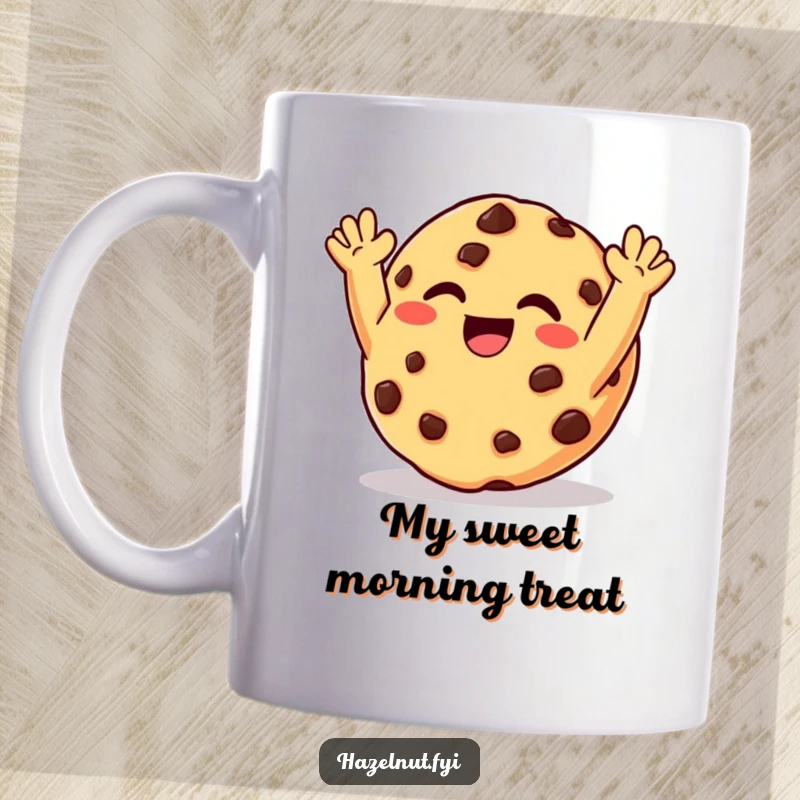 Funny coffee mug featuring a giggling chocolate chip cookie with arms raised in delight, radiating pure joy and sweetness.