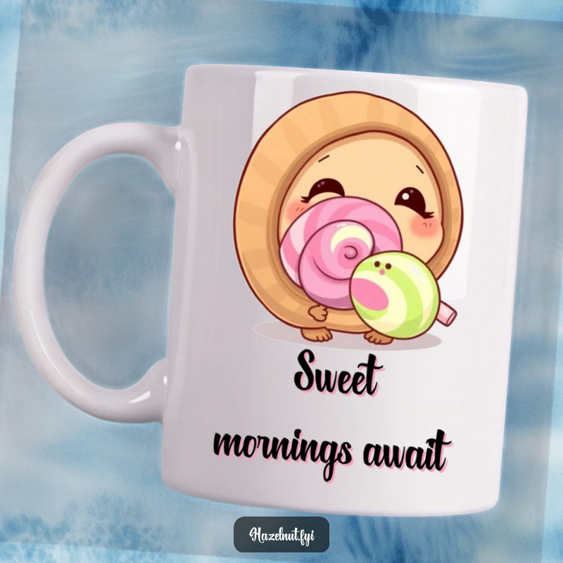 Funny hazelnut character curiously sniffing a giant lollipop with pure delight, bringing sweet joy to a coffee mug.
