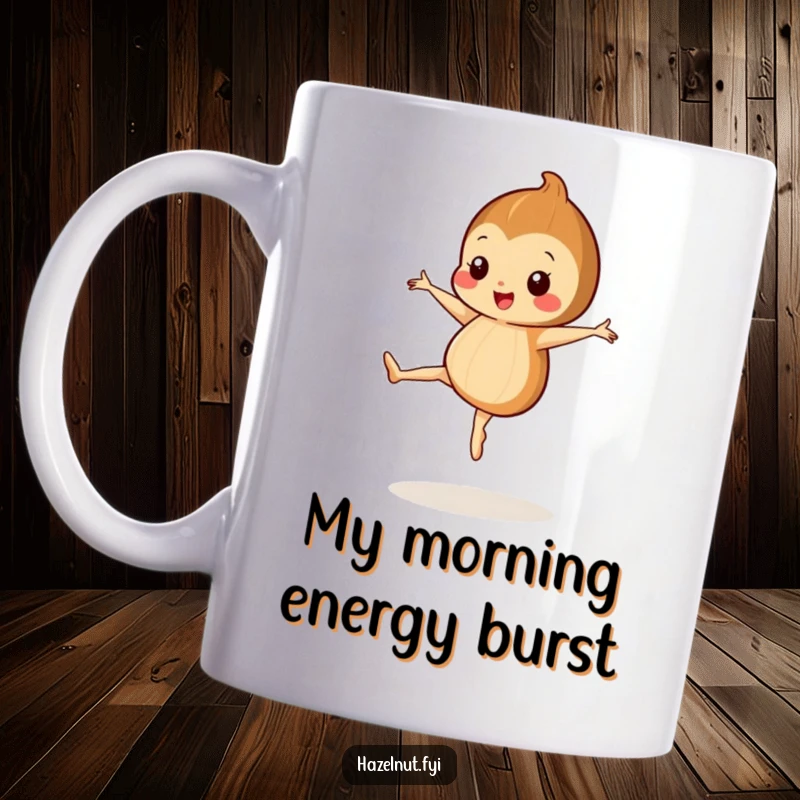 Funny mug with a happy hazelnut with tiny legs performing a ballet pirouette, an adorable and whimsical dancer.