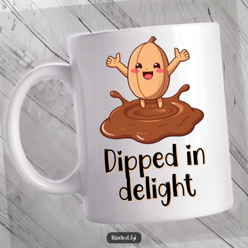 Funny Hazelnut Chocolate Leap Mug: A happy hazelnut joyfully leaps into a pool of melted chocolate, a sweet and funny scene.