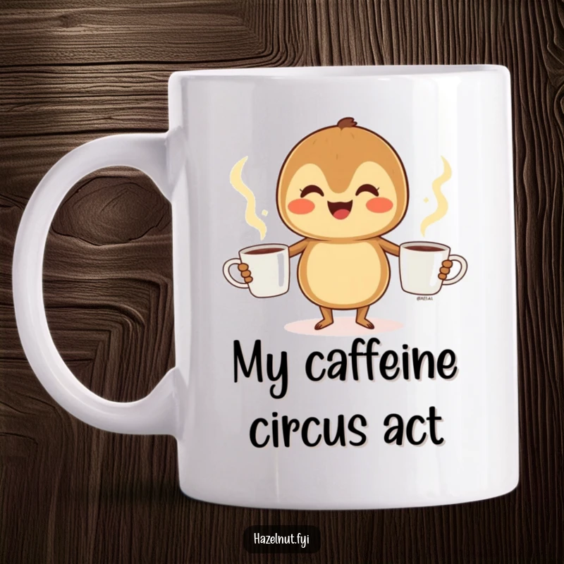 Funny Hazelnut Coffee Mug: A cheerful hazelnut gleefully juggles three steaming coffee cups, embodying morning energy and joy.