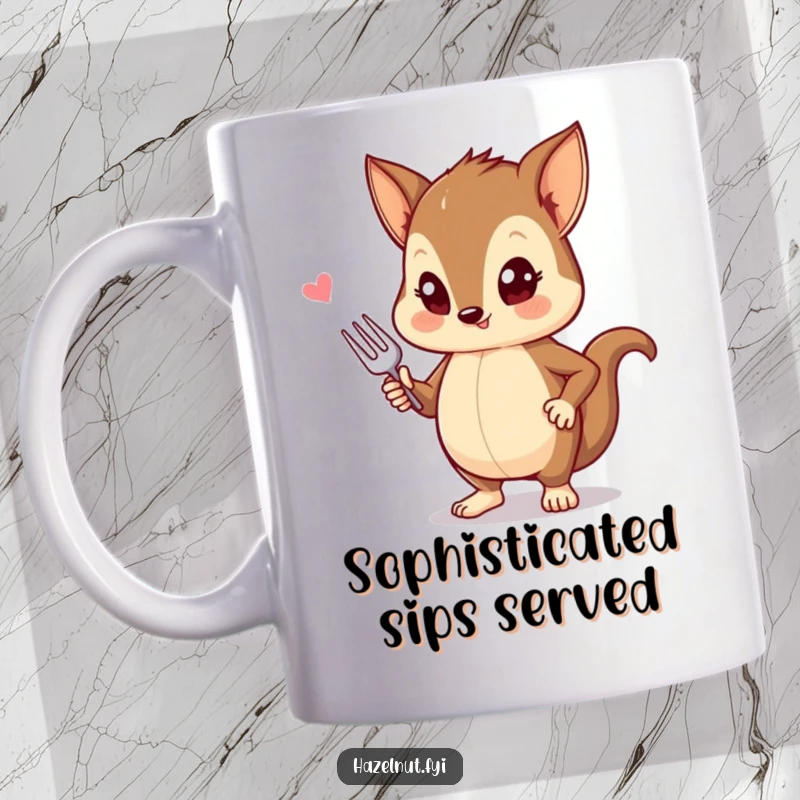 Funny mug with a stylish hazelnut striking a pose with a tiny fork, embodying chic and culinary flair.