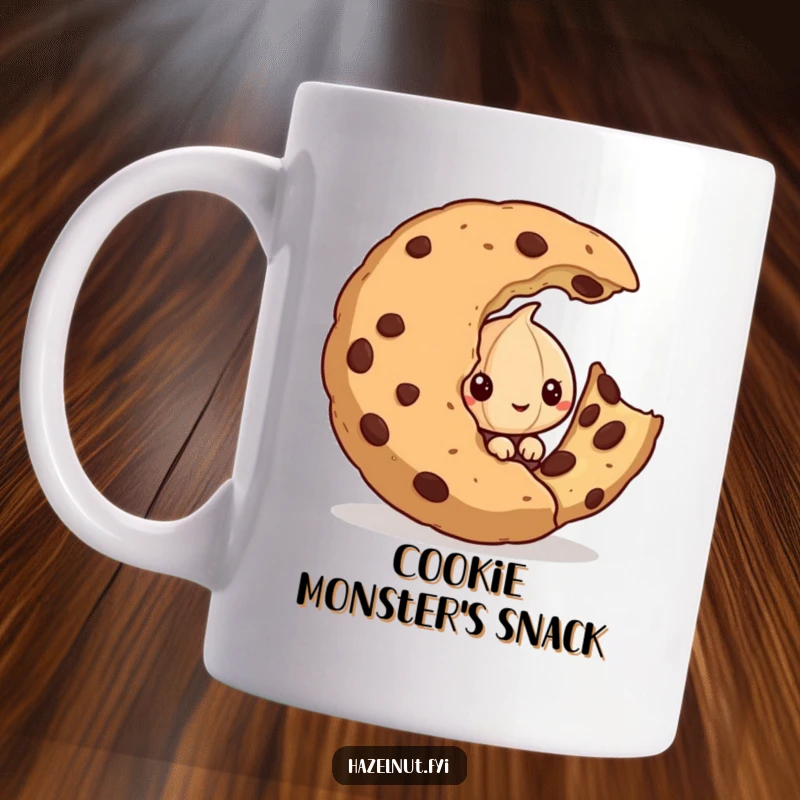 Funny mug with a mischievous hazelnut character peeking from behind a huge, partially eaten cookie, symbolizing playful indulgence.