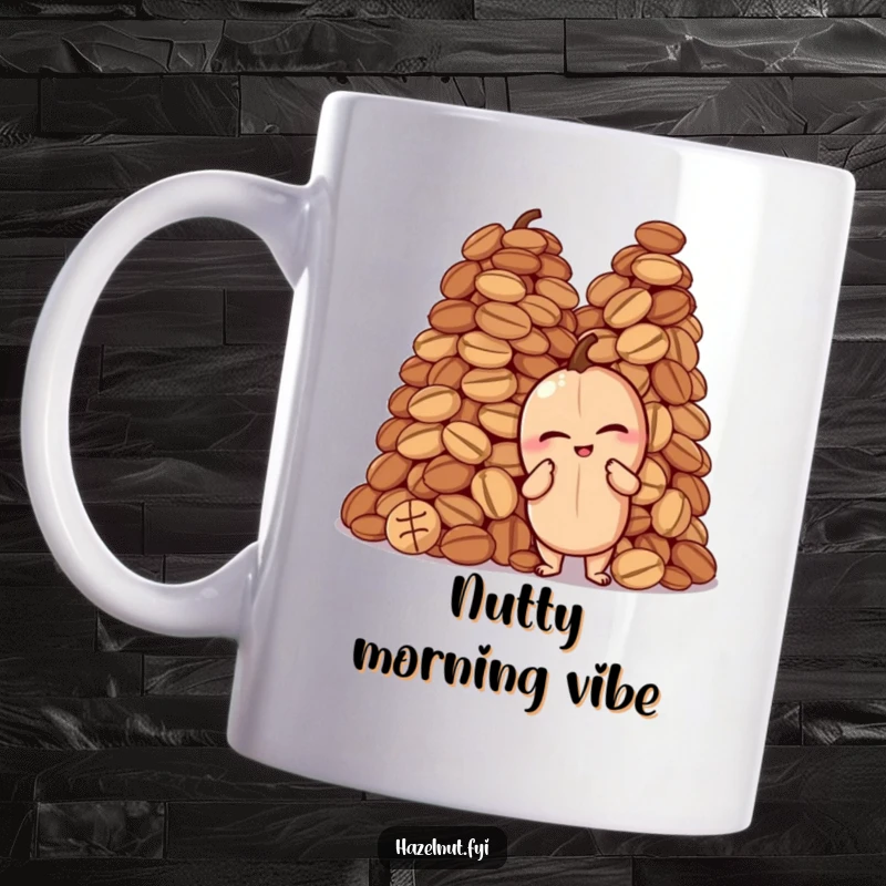 Funny mug with a confident, winking hazelnut striking a proud pose next to a huge, impressive stack of assorted nuts.