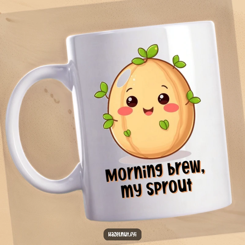 Funny hazelnut smiling with tiny green leaves sprouting, a cheerful nature-themed mug for joyful mornings.