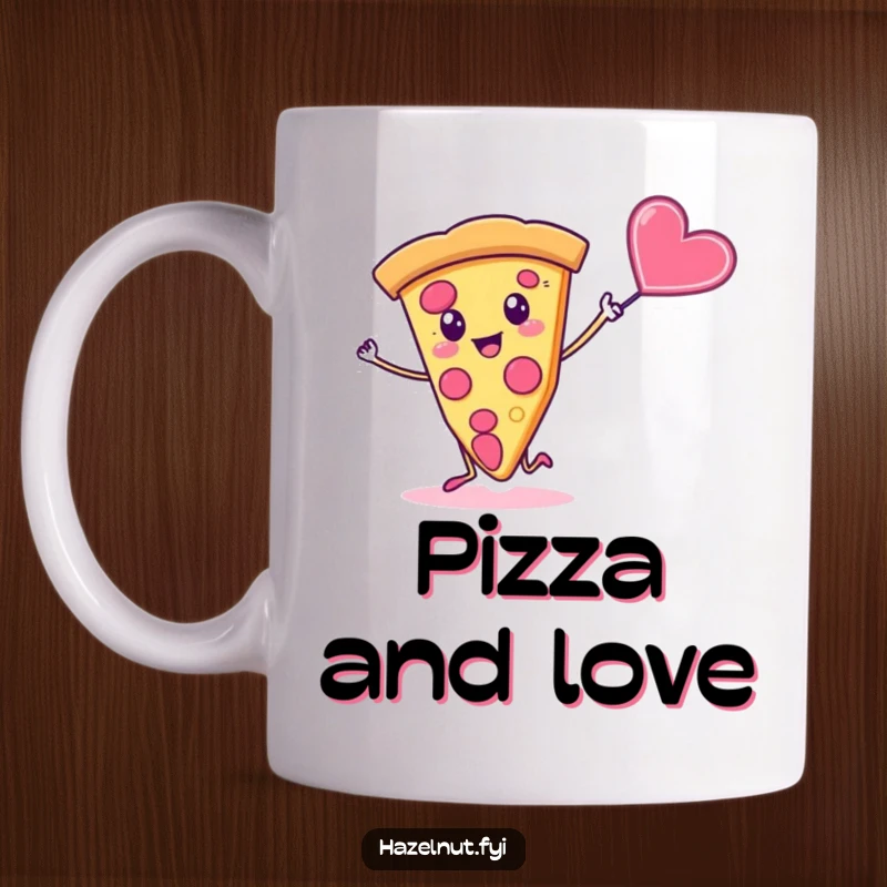 Funny mug depicting a silly slice of pizza enthusiastically dancing with a whimsical, flying candy heart.