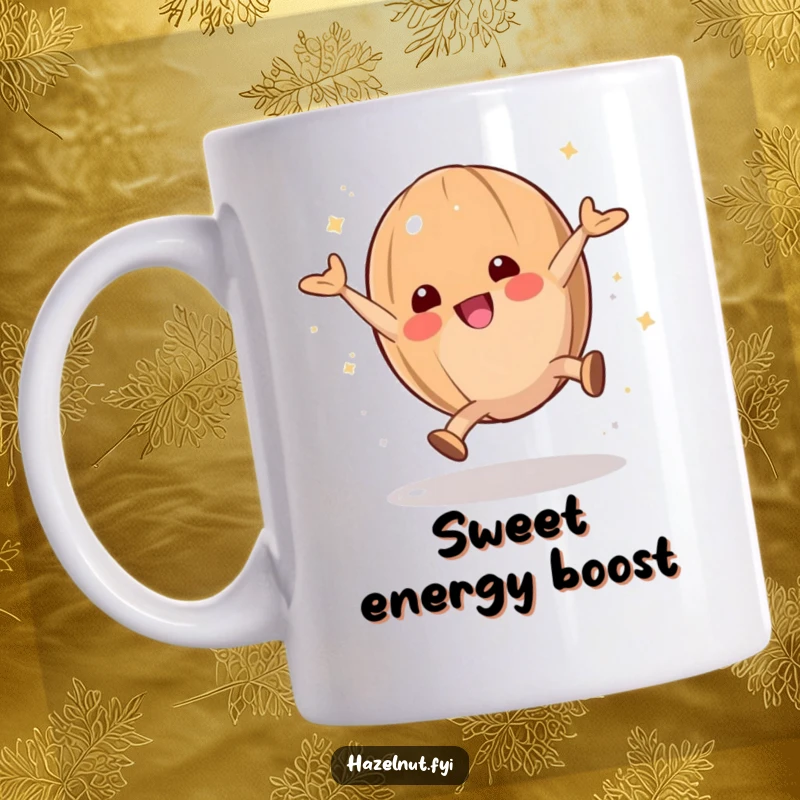 Playful hazelnut character doing a cartwheel with powdered sugar dusting, bringing energetic fun to a coffee mug.