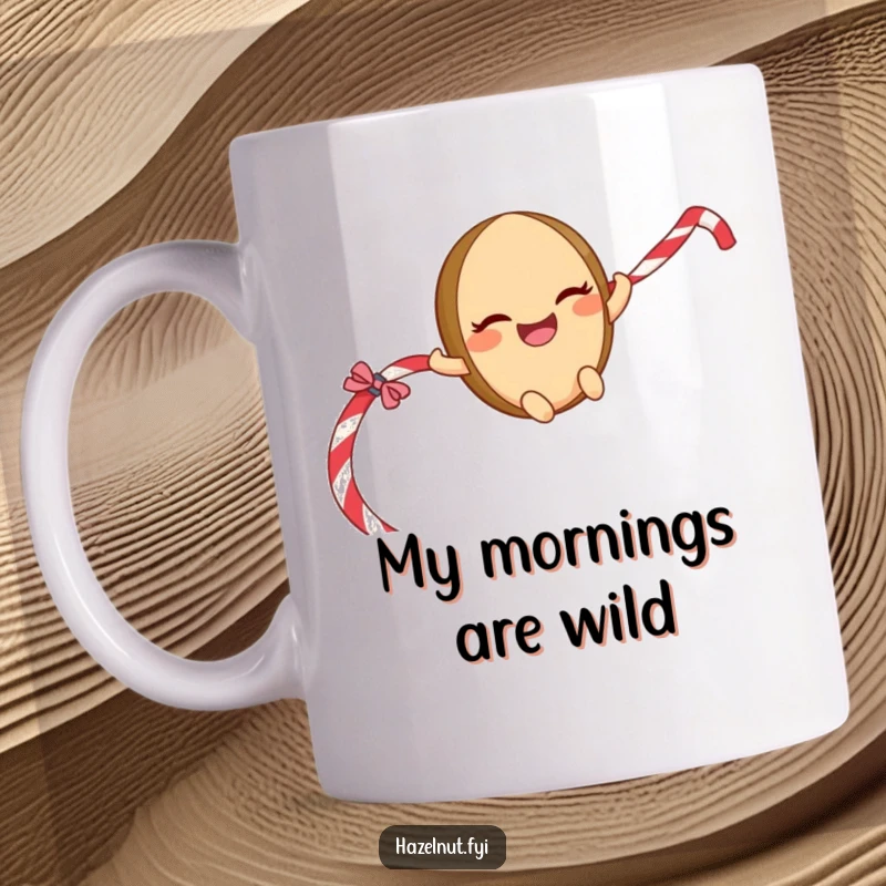 Funny Sliding Hazelnut Mug: A giggling character with a mischievous grin sliding down a licorice rope, bringing fun to your drink.