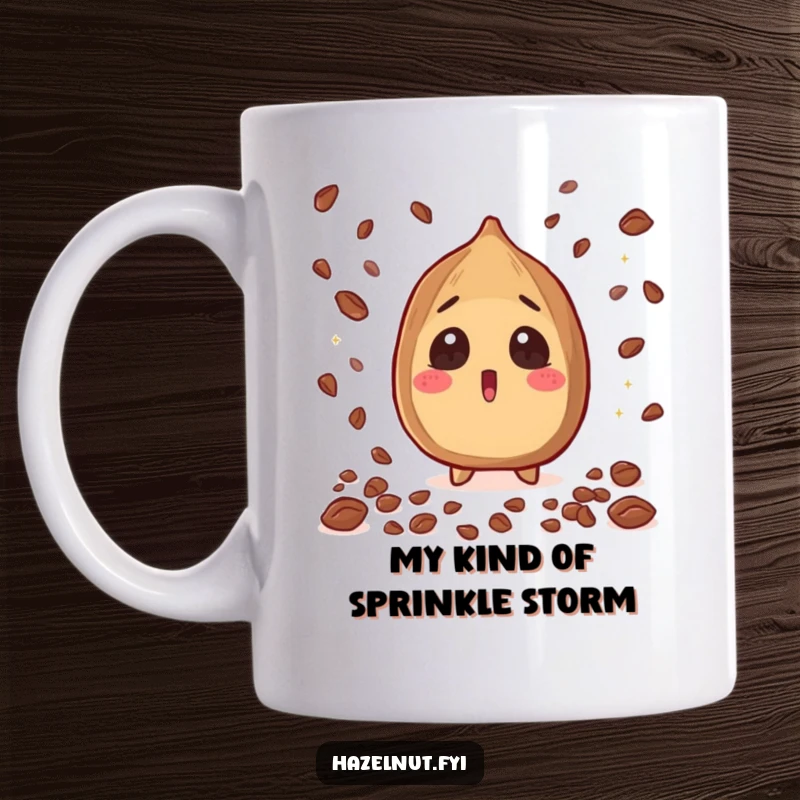 Funny Hazelnut Mug with a surprised face, eyes wide, as sparkling cacao nibs rain down, perfect for a humorous gift.