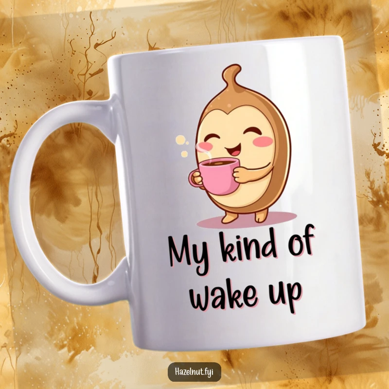 Funny Winking Hazelnut Coffee Mug: A cheerful character winks while holding a tiny, steaming coffee cup, perfect for morning smiles.