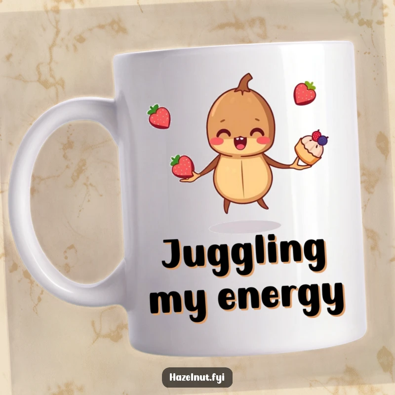 Funny, mischievous hazelnut skillfully juggling three tiny berry pastries, looking playful and cheeky.