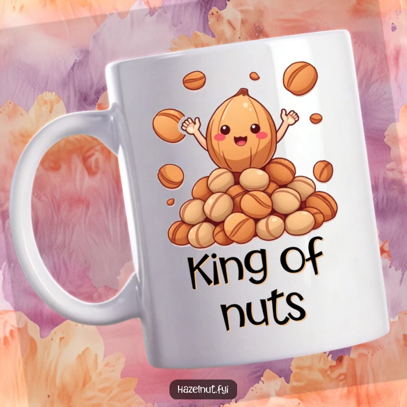 Funny Happy Hazelnut Mug: a cheerful nut with tiny arms waving happily from a tall pile of roasted nuts, a fun funny gift.