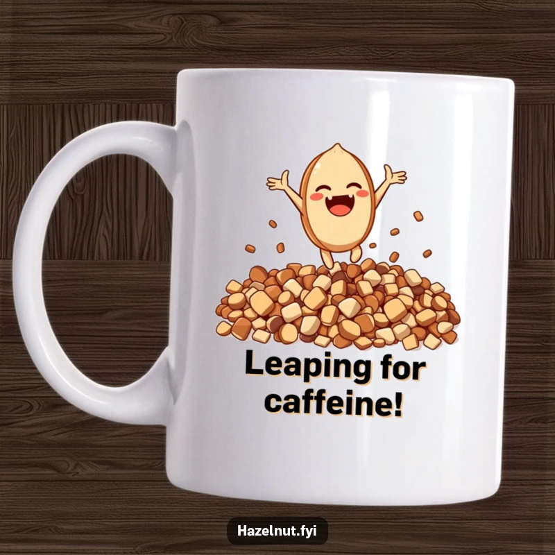 Funny Excited Hazelnut Mug: An excited character leaps joyfully from a pile of crunchy bits, perfect for morning smiles.