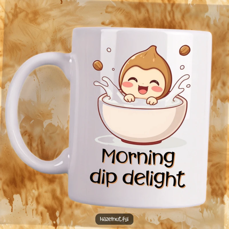 Funny hazelnut character delighted, splashing joyfully in a bowl of milk. A whimsical funny mug design.