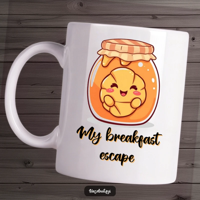 Funny mug with a cheerful croissant playfully peeking its head out from the opening of a giant, overflowing jam jar.