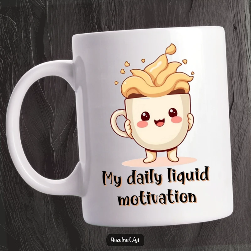 Funny Kawaii Hazelnut Mug with a cheerful character holding a comically oversized, overflowing coffee cup, perfect for a laugh.