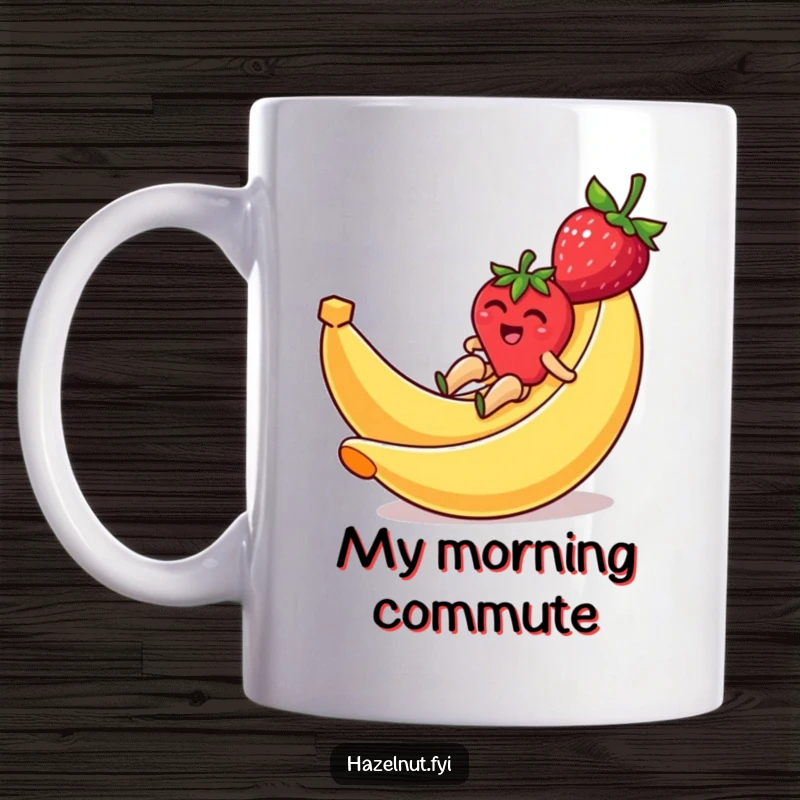 Funny mug showing a giggling strawberry zooming down a slippery banana peel slide, capturing pure, unadulterated fruity fun.