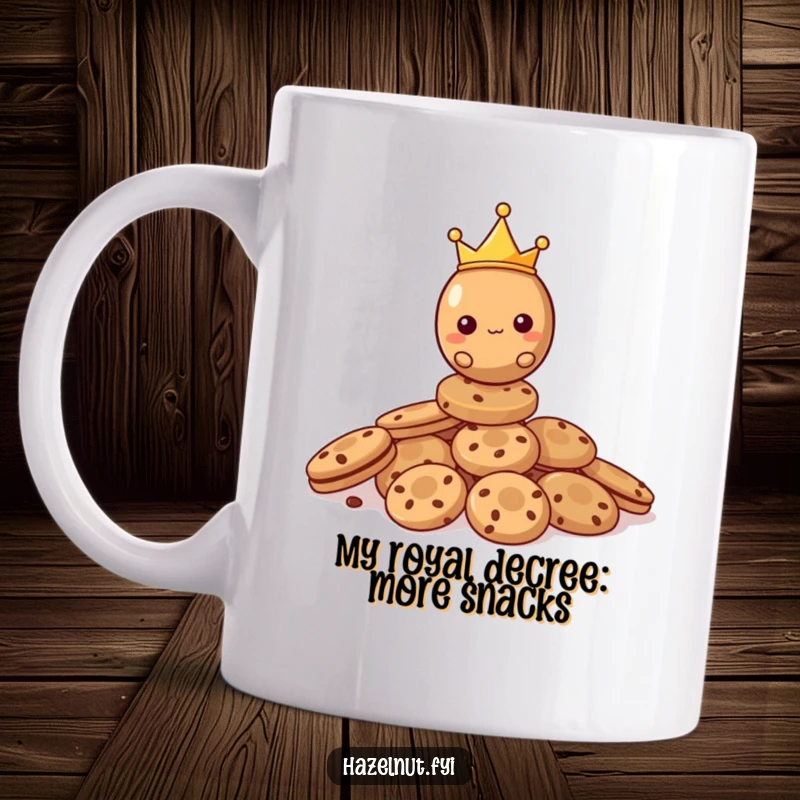 Funny Hazelnut Mug with a tiny crown balancing precariously on a mountain of delicious cookies, ruling his sweet kingdom.