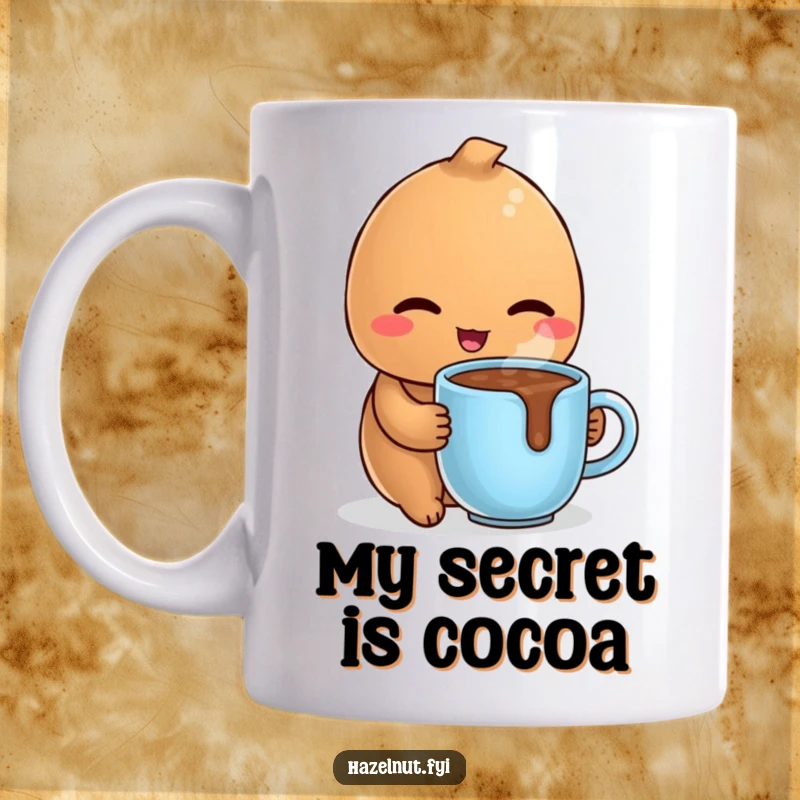 Funny mug showing a delighted hazelnut winking coyly while holding a tiny, steaming mug of hot chocolate, radiating warmth and charm.