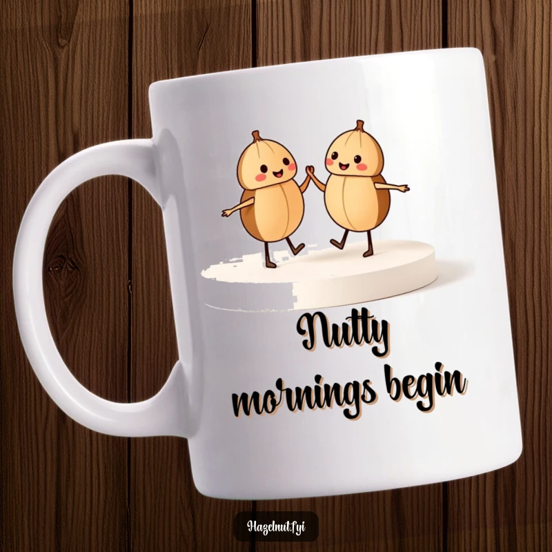 Funny mug featuring two dancing hazelnuts holding hands on a miniature stage, celebrating joy and friendship, a perfect gift.