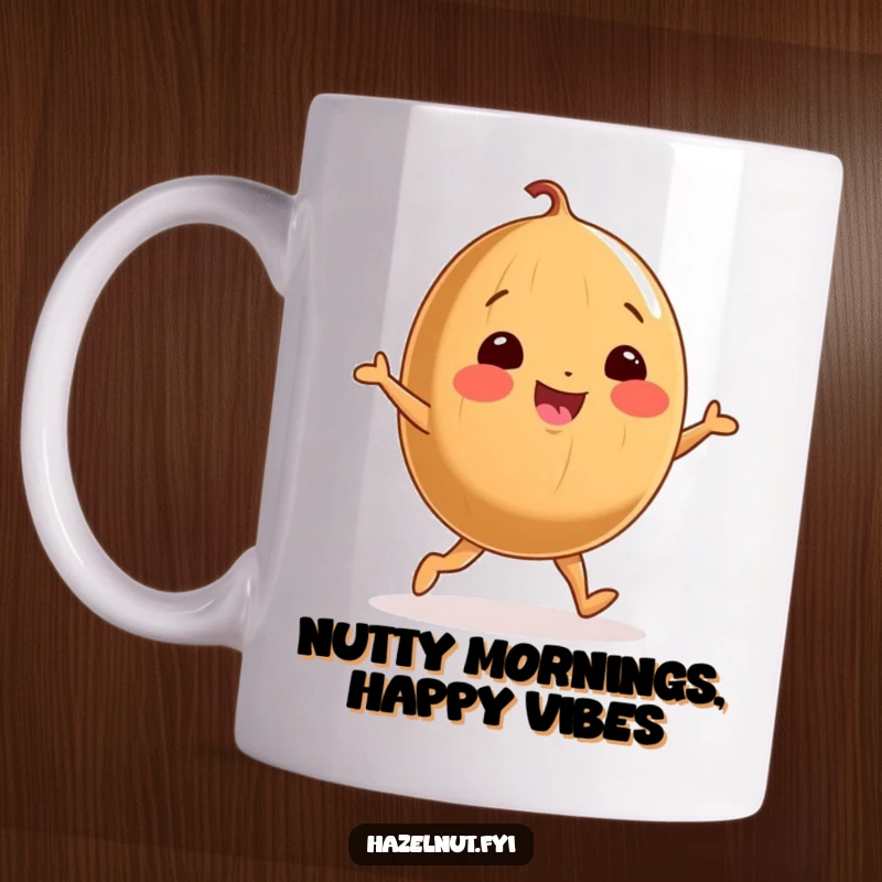 Funny mug showing a cheerful, round hazelnut with stubby legs joyfully dancing, full of nutty energy and happiness.