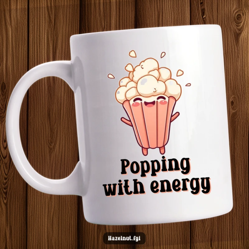 Funny mug with a cheerful, cartoonish popcorn kernel bursting upwards energetically with a wide, delighted smile and eyes.
